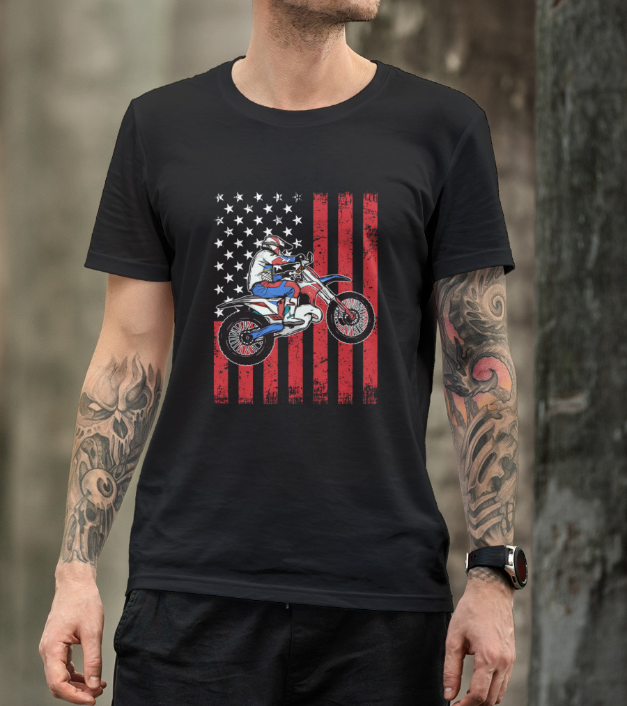 Patriotic Dirt Bike Rider With Distressed American Flag Background T-Shirt