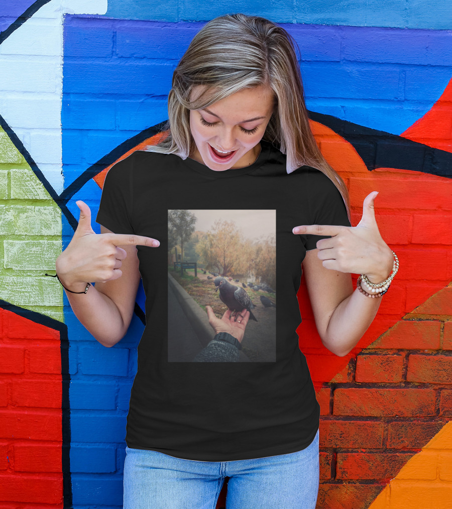 Pigeon Rests On Hand With Park Pathway In Autumn Mist T-Shirt