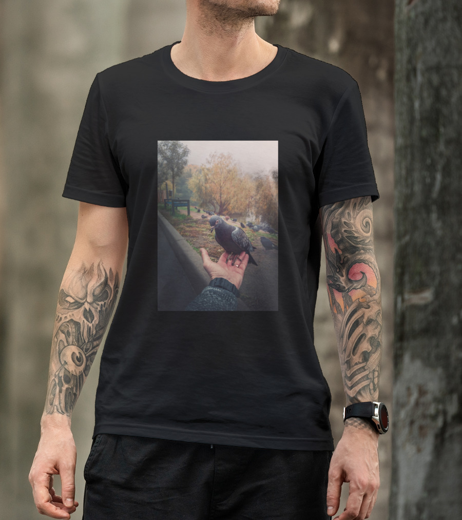 Pigeon Rests On Hand With Park Pathway In Autumn Mist T-Shirt