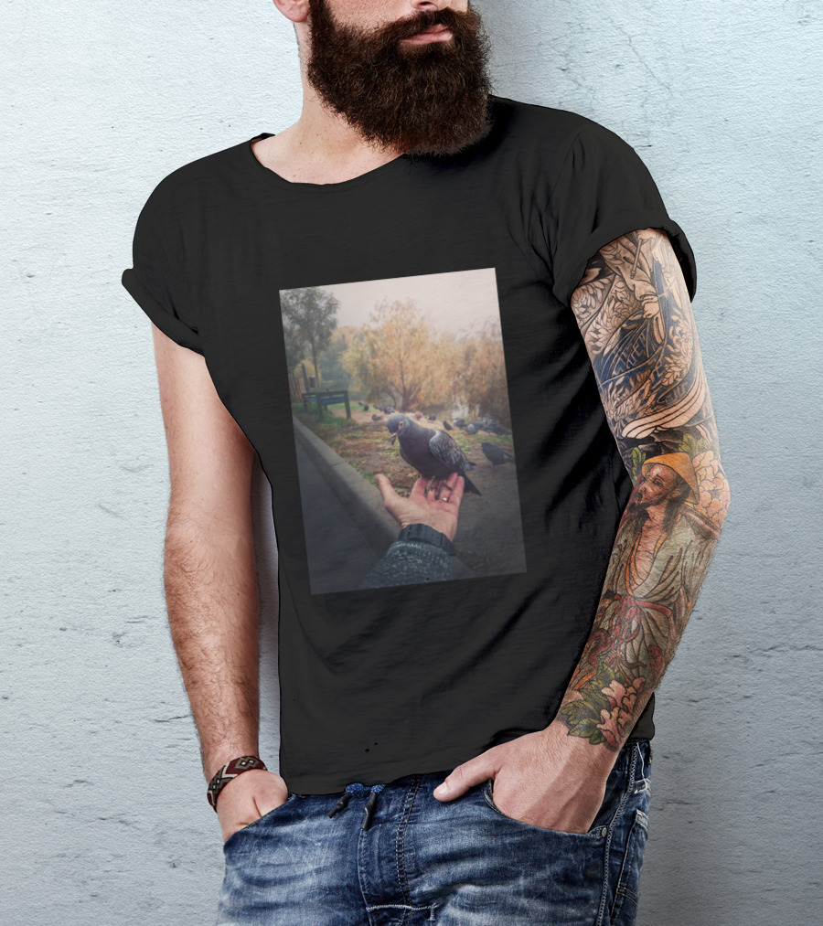 Pigeon Rests On Hand With Park Pathway In Autumn Mist T-Shirt