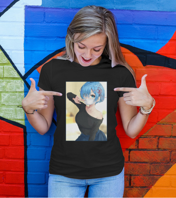 Re Zero Rem Anime Blue Hair Mask Flower Clip T-Shirt
