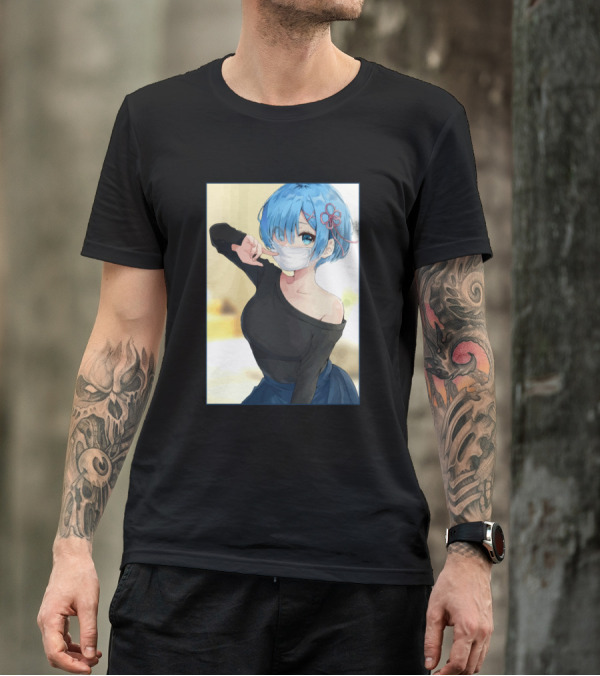 Re Zero Rem Anime Blue Hair Mask Flower Clip T-Shirt