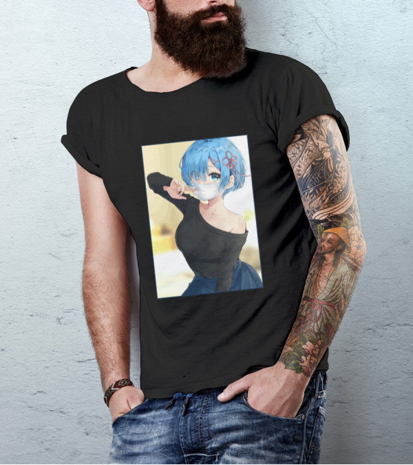 Re Zero Rem Anime Blue Hair Mask Flower Clip T-Shirt