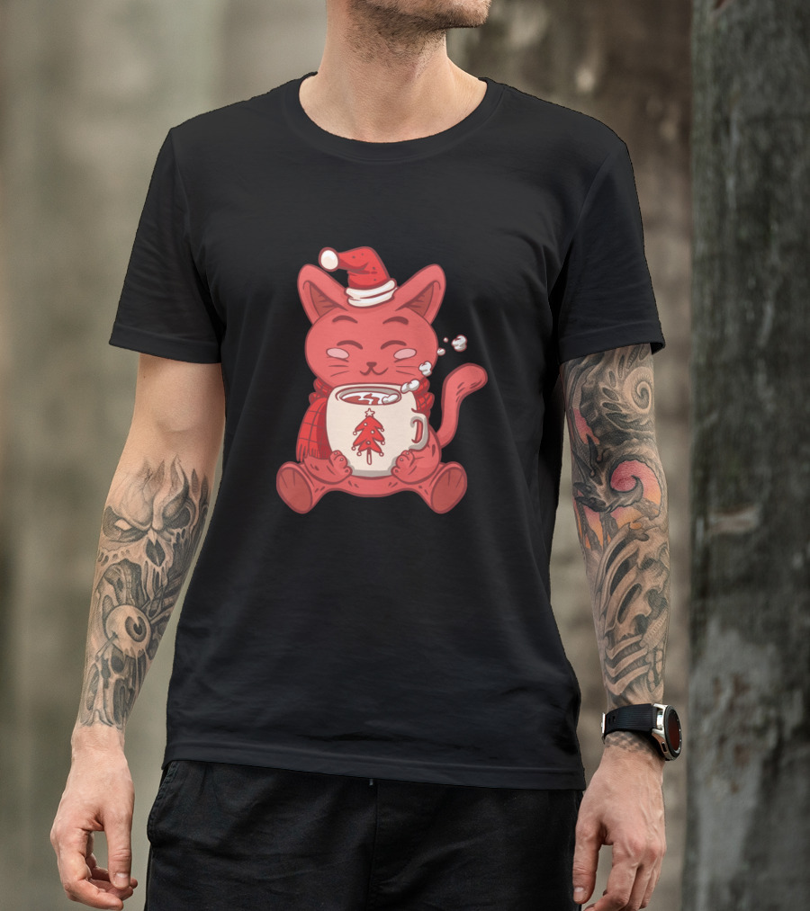 Santa Cat Cozy With Christmas Tree Cocoa Cup T-Shirt