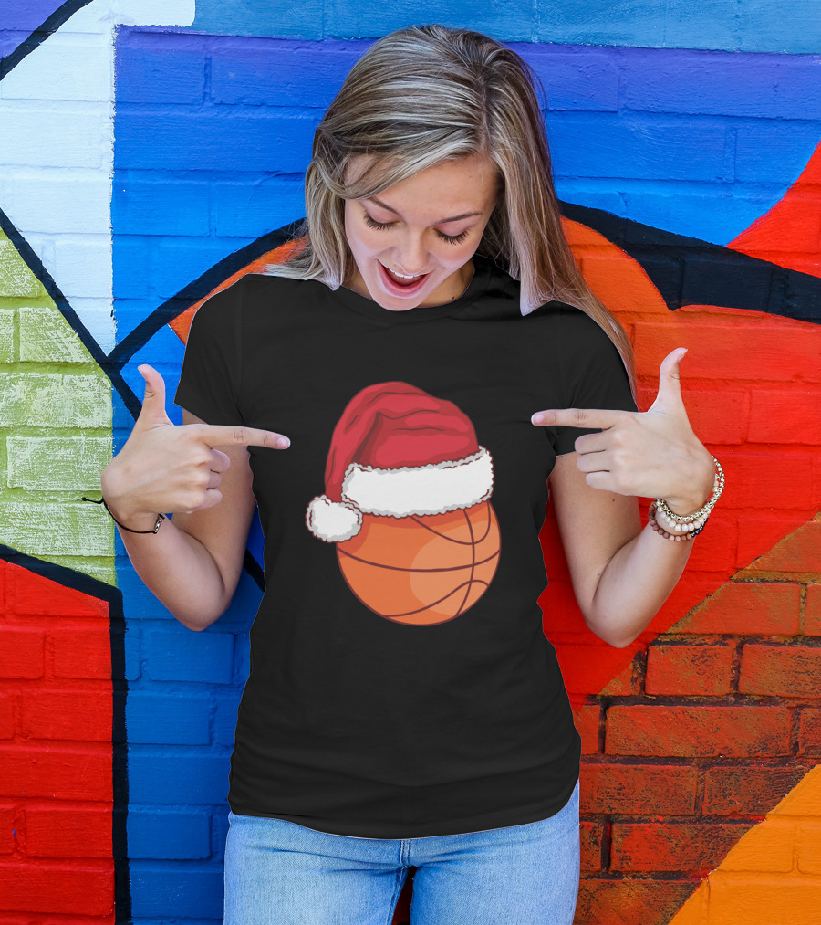 Santa Hat On Basketball T-Shirt