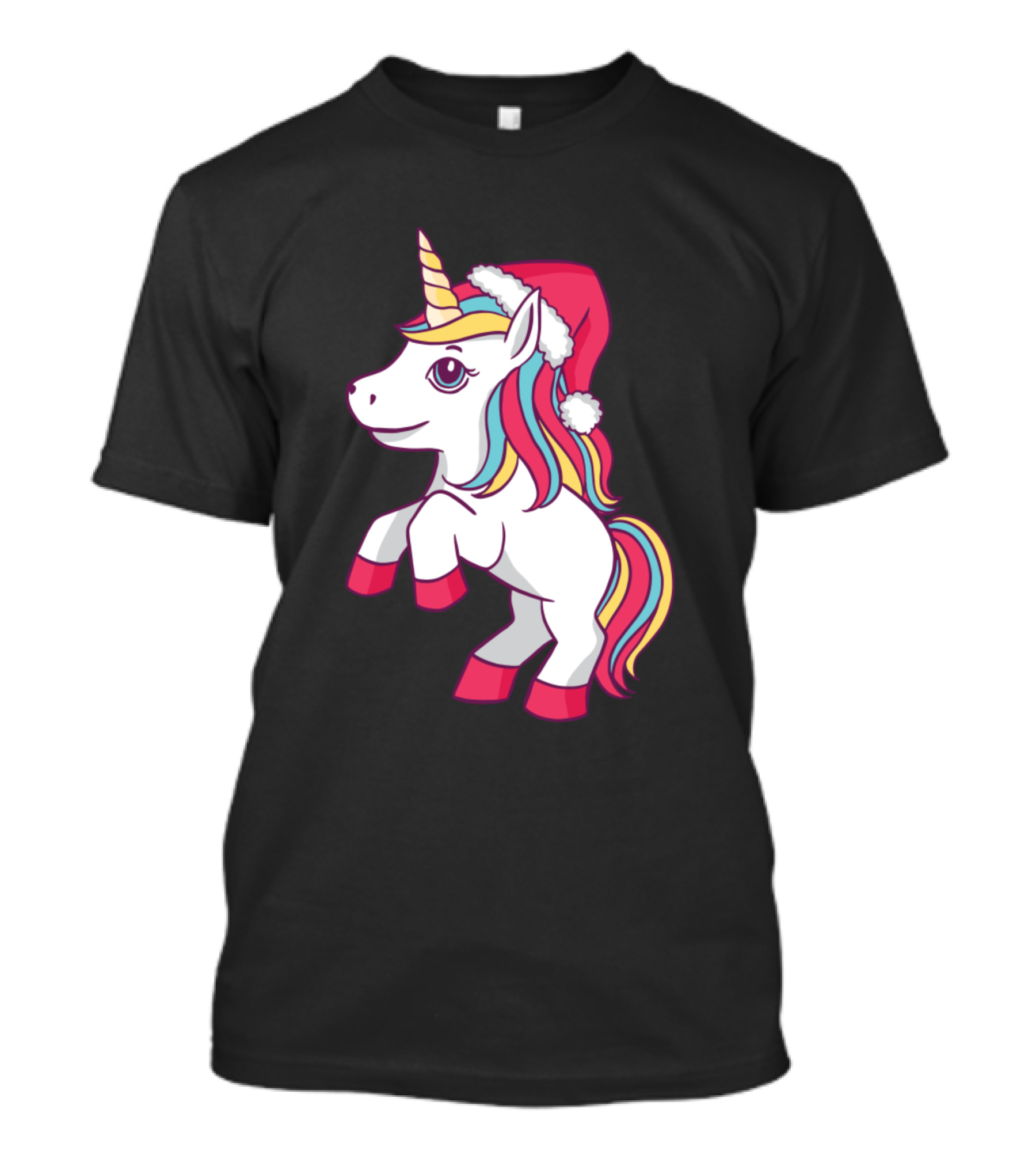 Santa Hat Unicorn Rainbow Mane T-Shirt