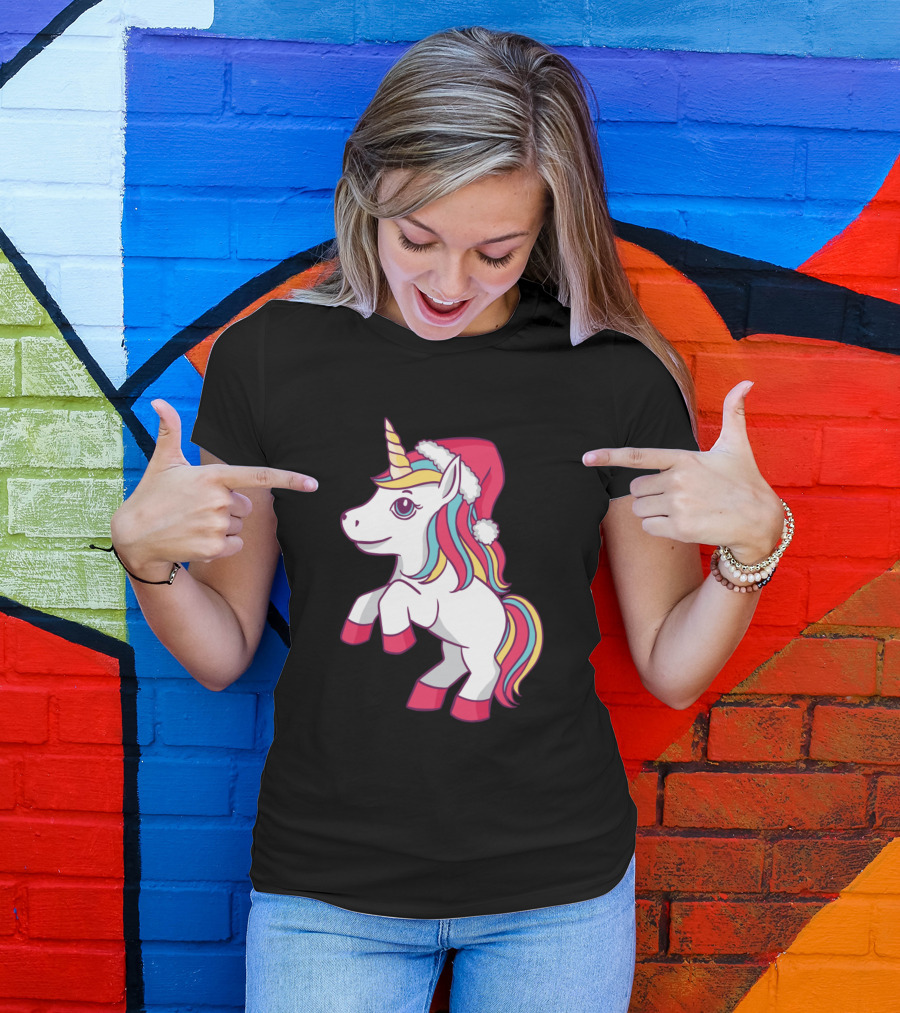 Santa Hat Unicorn Rainbow Mane T-Shirt