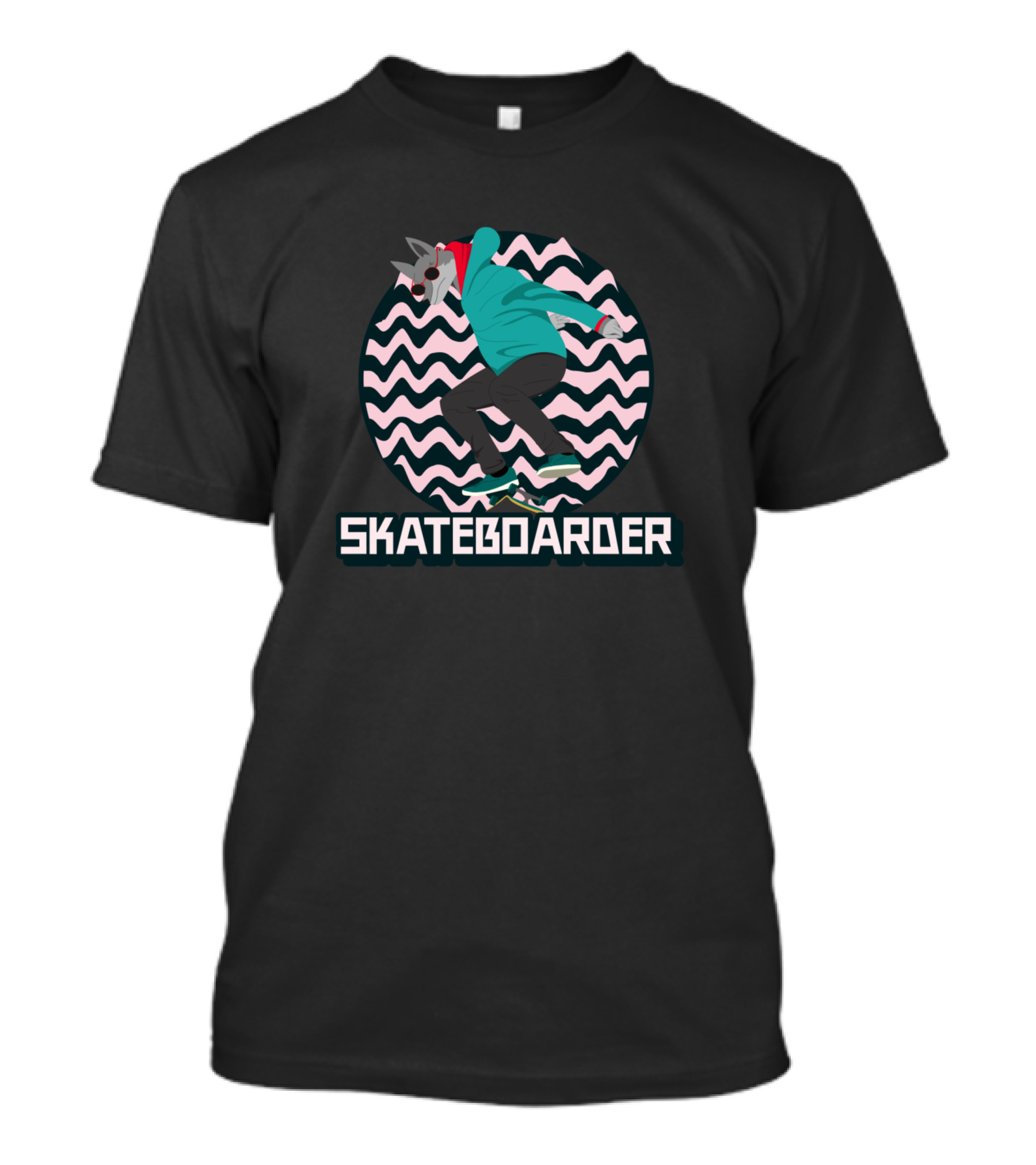 Skateboarder Wolf Mask Jump Zigzag Background T-Shirt