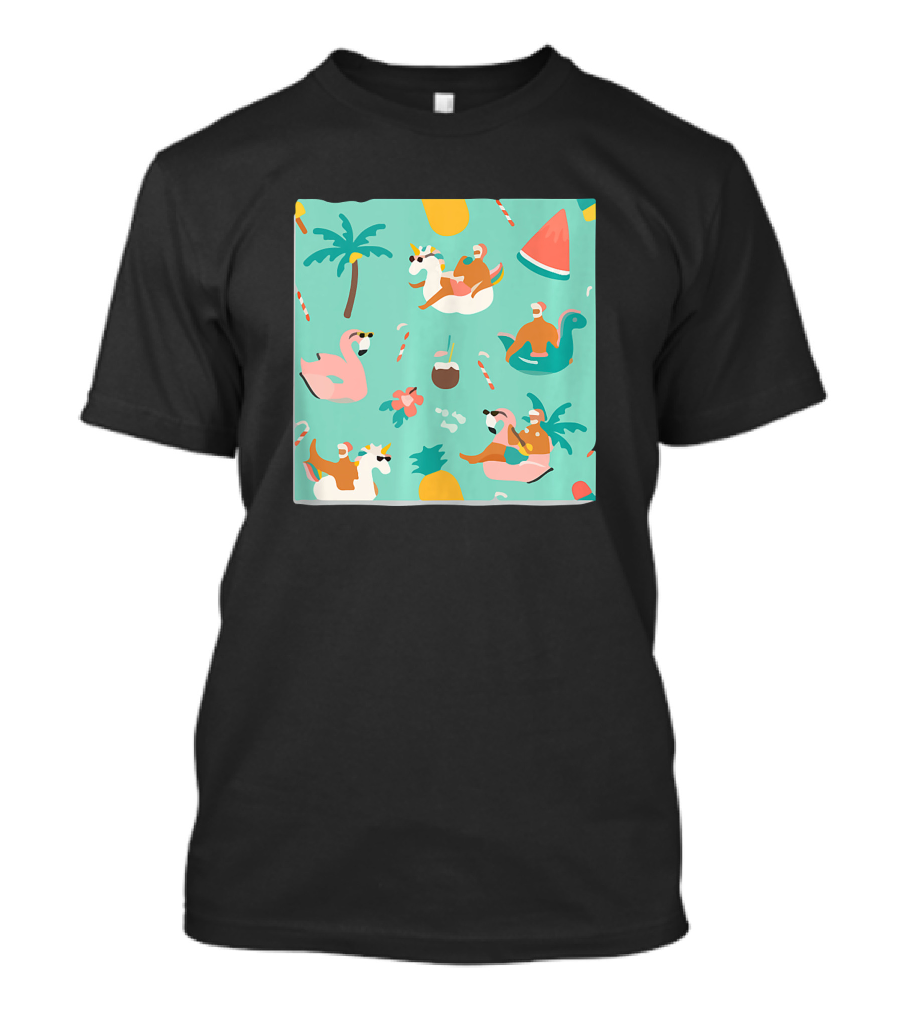 Christmas In July Summer Edition Flamingos Palm Trees Watermelon Unicorns Fiesta T-Shirt