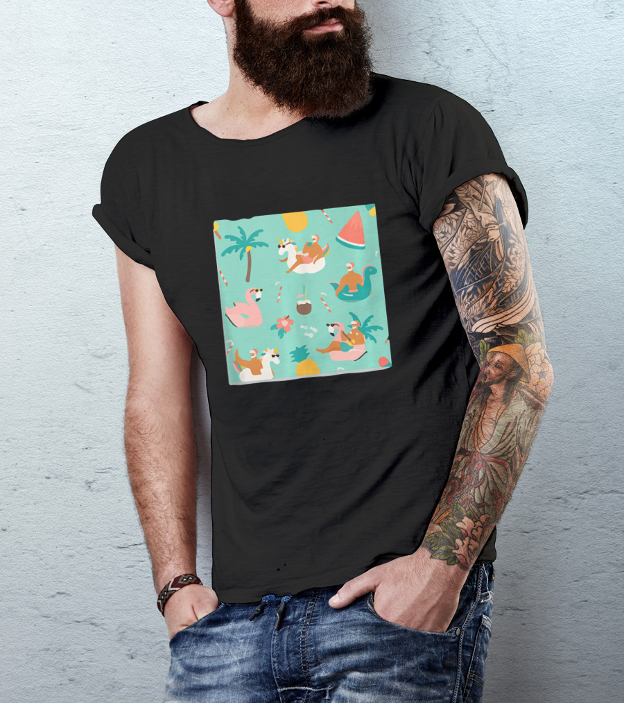 Christmas In July Summer Edition Flamingos Palm Trees Watermelon Unicorns Fiesta T-Shirt