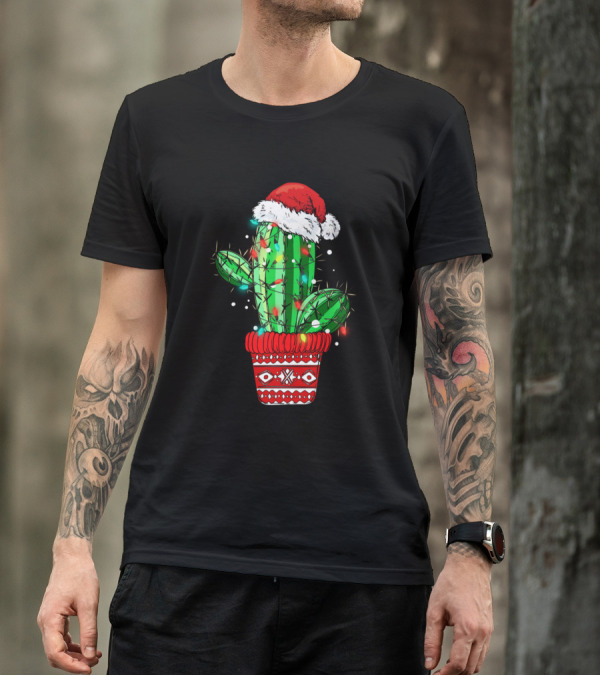 Christmas Lights Cactus Lover Cute Xmas Santa Hat Celebrate T-Shirt