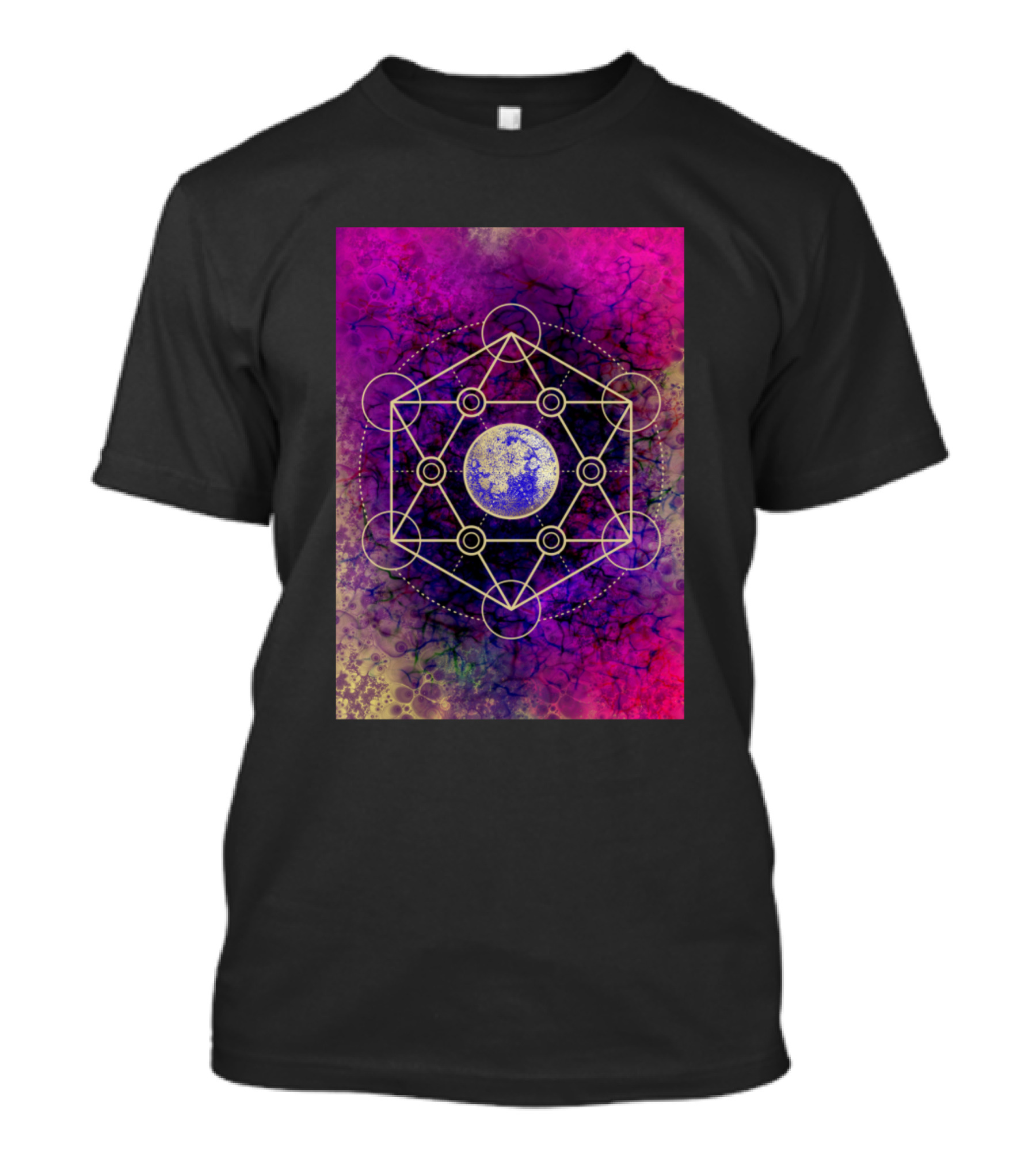 Sacred Geometry Planet With Vibrant Pink And Purple Cosmic Background T-Shirt