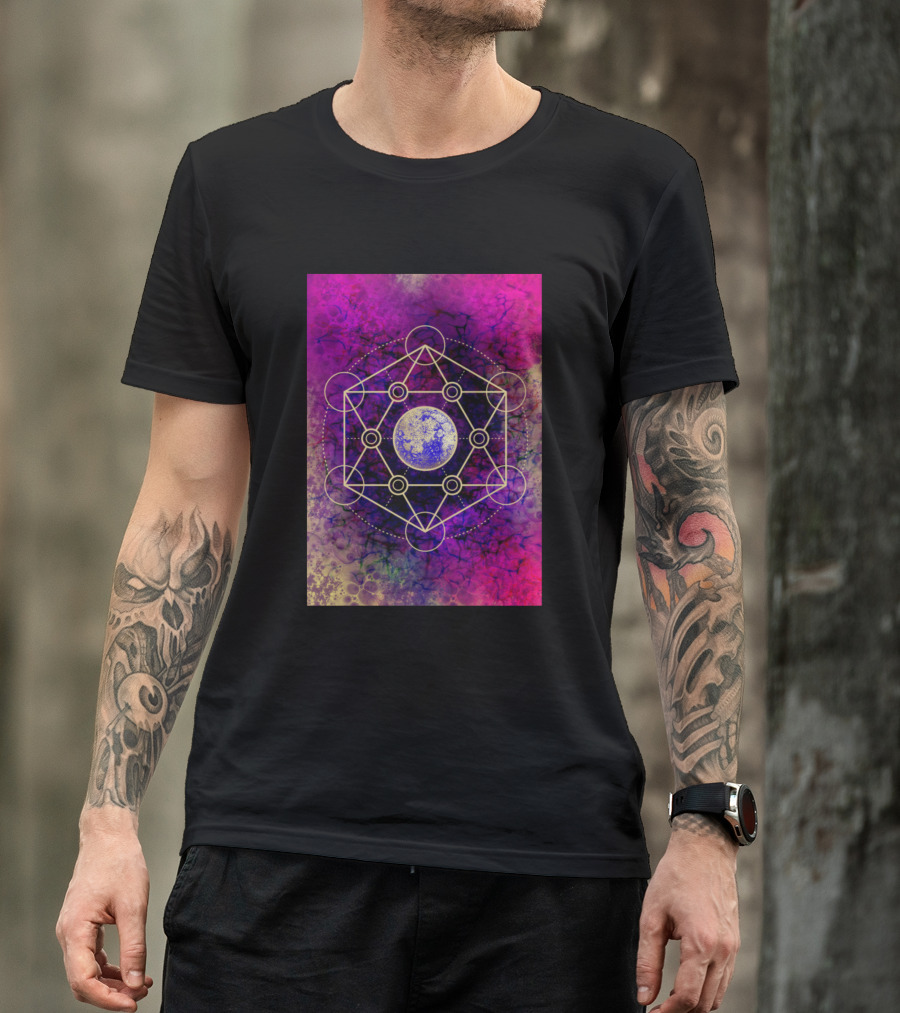 Sacred Geometry Planet With Vibrant Pink And Purple Cosmic Background T-Shirt