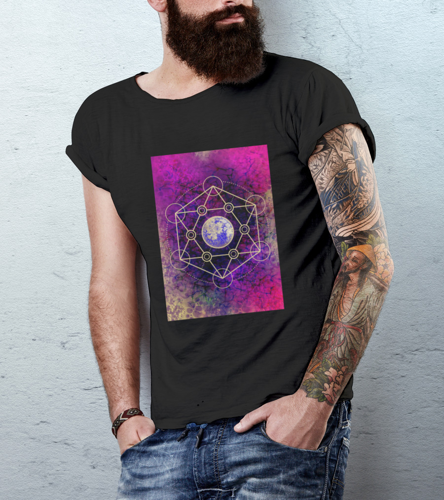 Sacred Geometry Planet With Vibrant Pink And Purple Cosmic Background T-Shirt