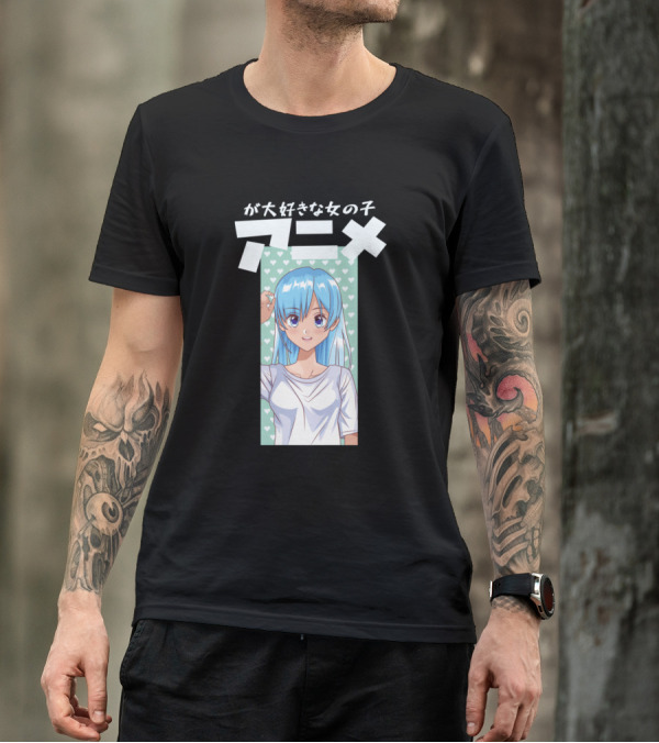 Anime Manga Girl With Blue Hair And Hearts Background T-Shirt