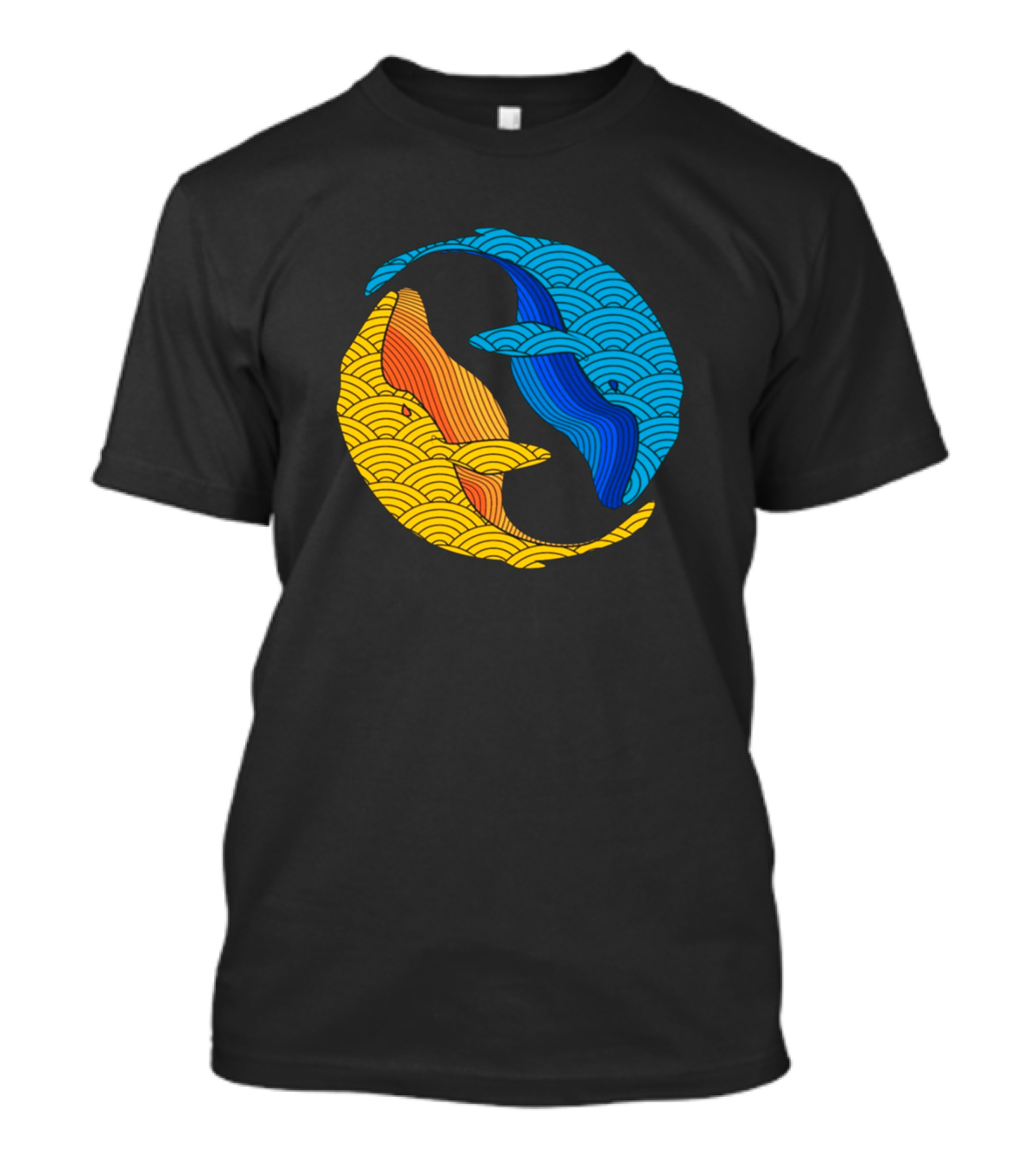 Yin Yang Fish In Vibrant Blue And Yellow Waves T-Shirt