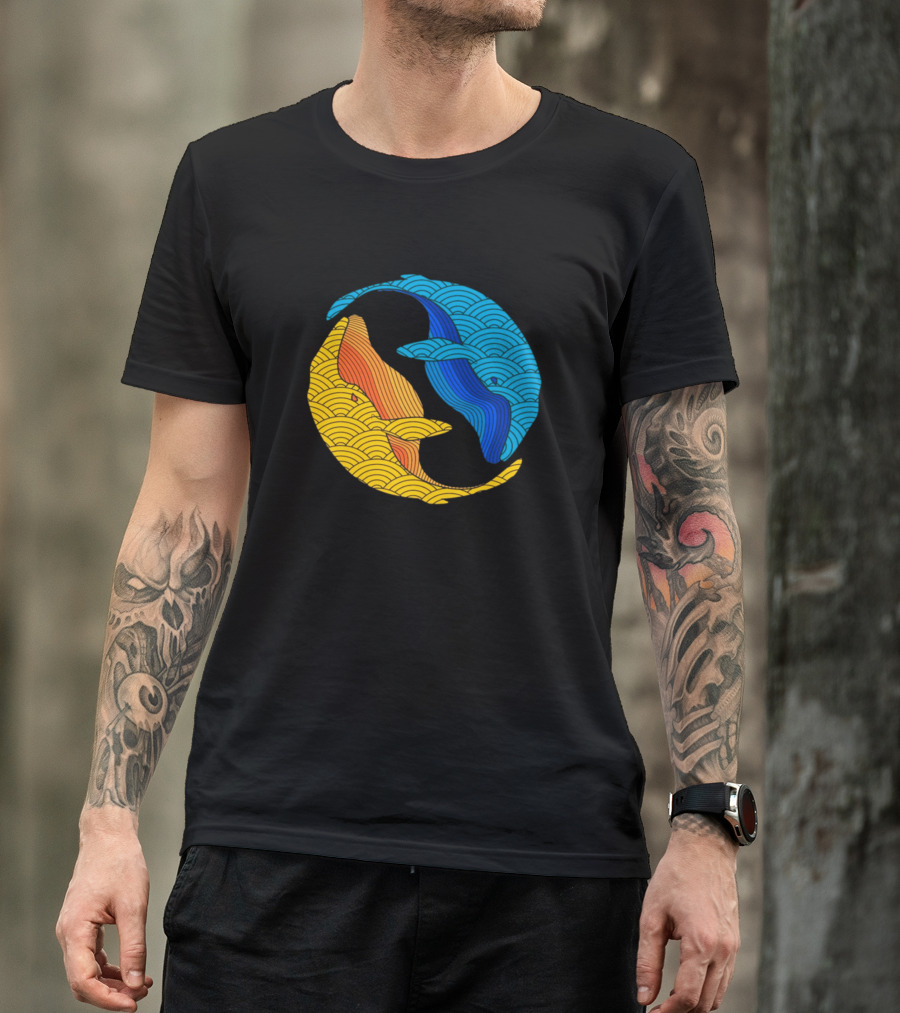 Yin Yang Fish In Vibrant Blue And Yellow Waves T-Shirt