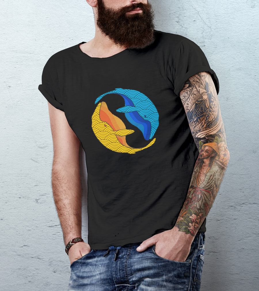 Yin Yang Fish In Vibrant Blue And Yellow Waves T-Shirt