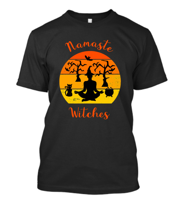 Namaste Witches Halloween Yoga Cats Cauldron Bats T-Shirt