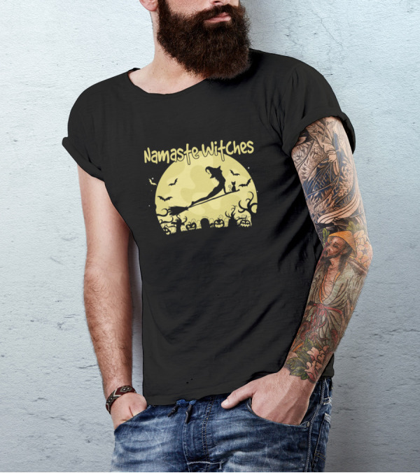 Namaste Witches Yoga Halloween Medita Moon Bats T-Shirt