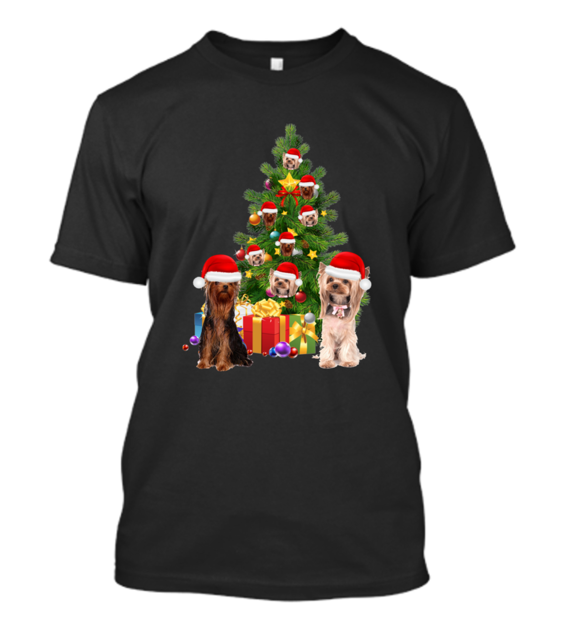 Yorkie Dog Christmas Tree With Santa Hats And Gifts T-Shirt