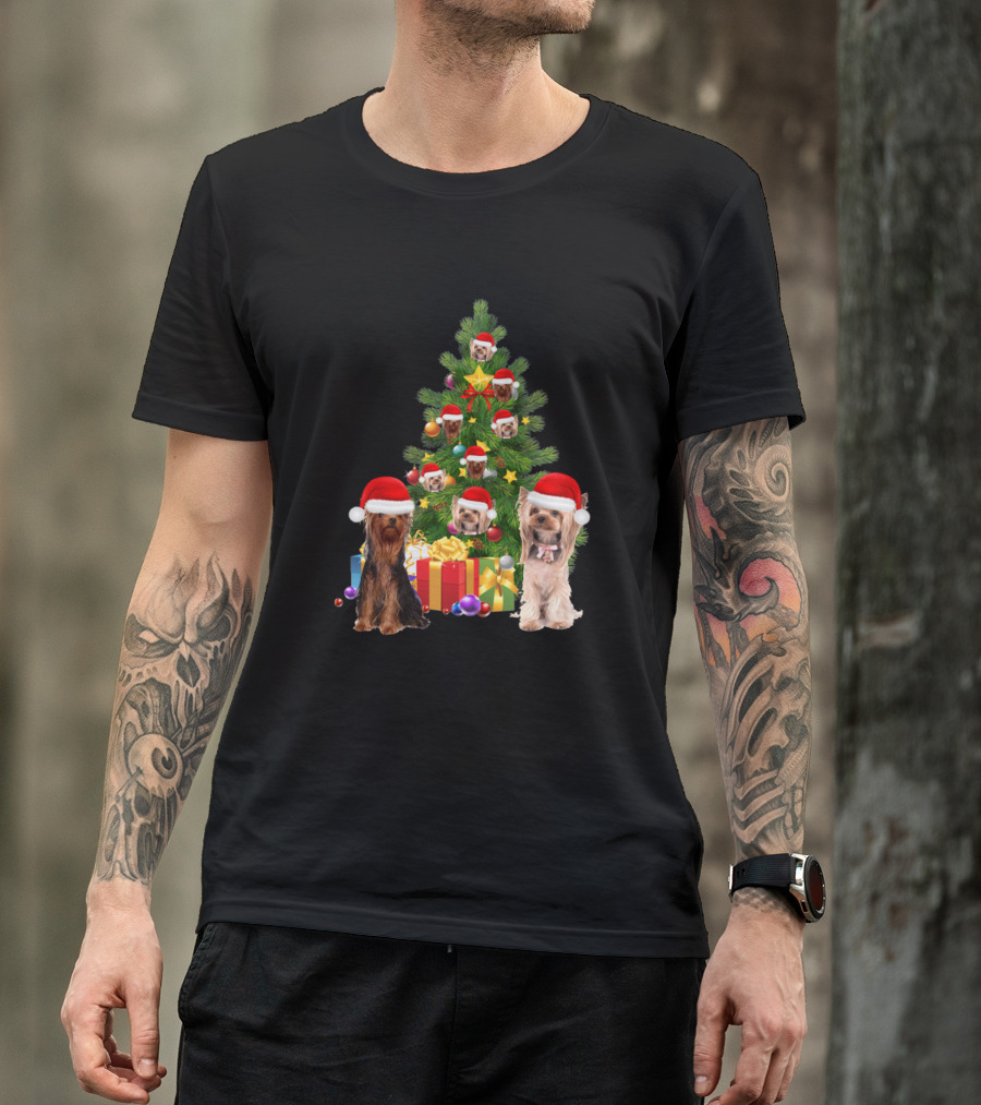Yorkie Dog Christmas Tree With Santa Hats And Gifts T-Shirt