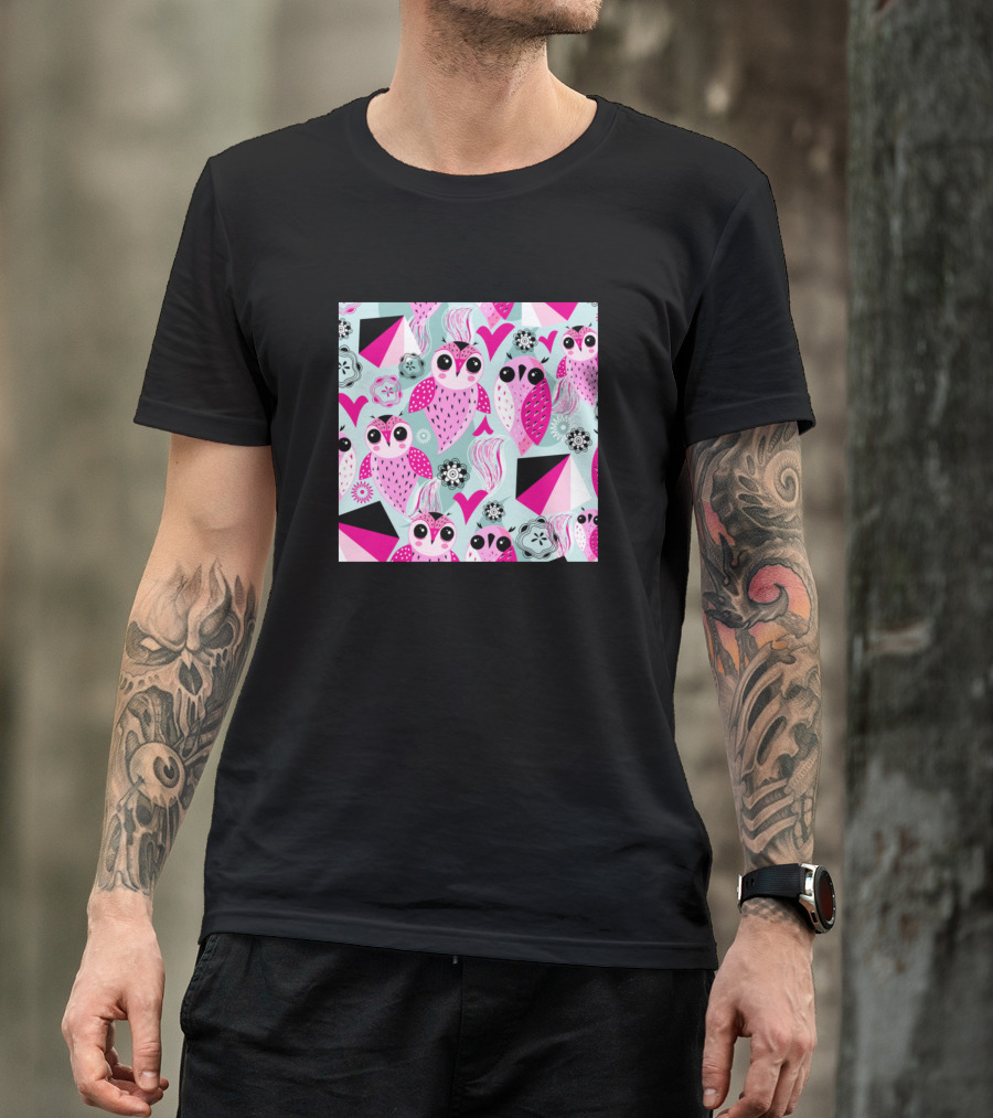 Pink Owl Pattern With Hearts And Geometric Shapes T-Shirt