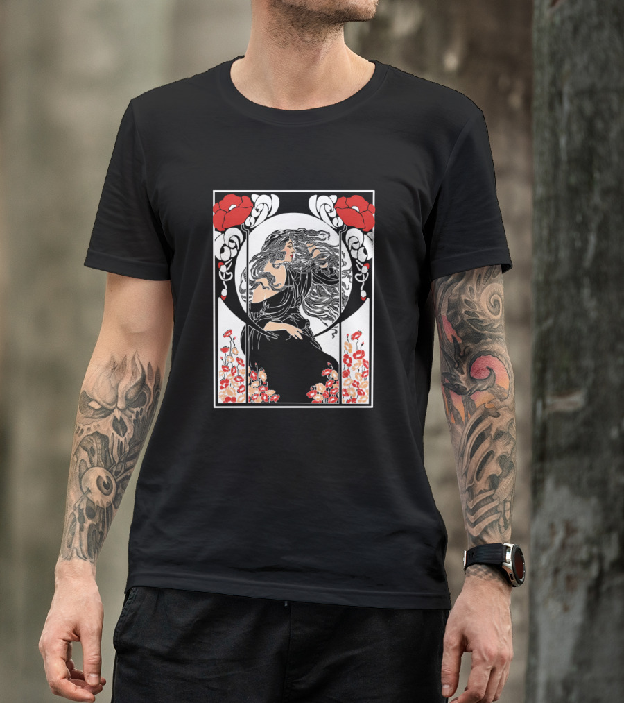 Art Deco Lady Floral Motif Poppies T-Shirt