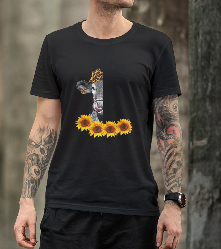 If My Mouth Doesn't Say It My Face Definitely Will Cow Sunflowers Leopard Print T-Shirt