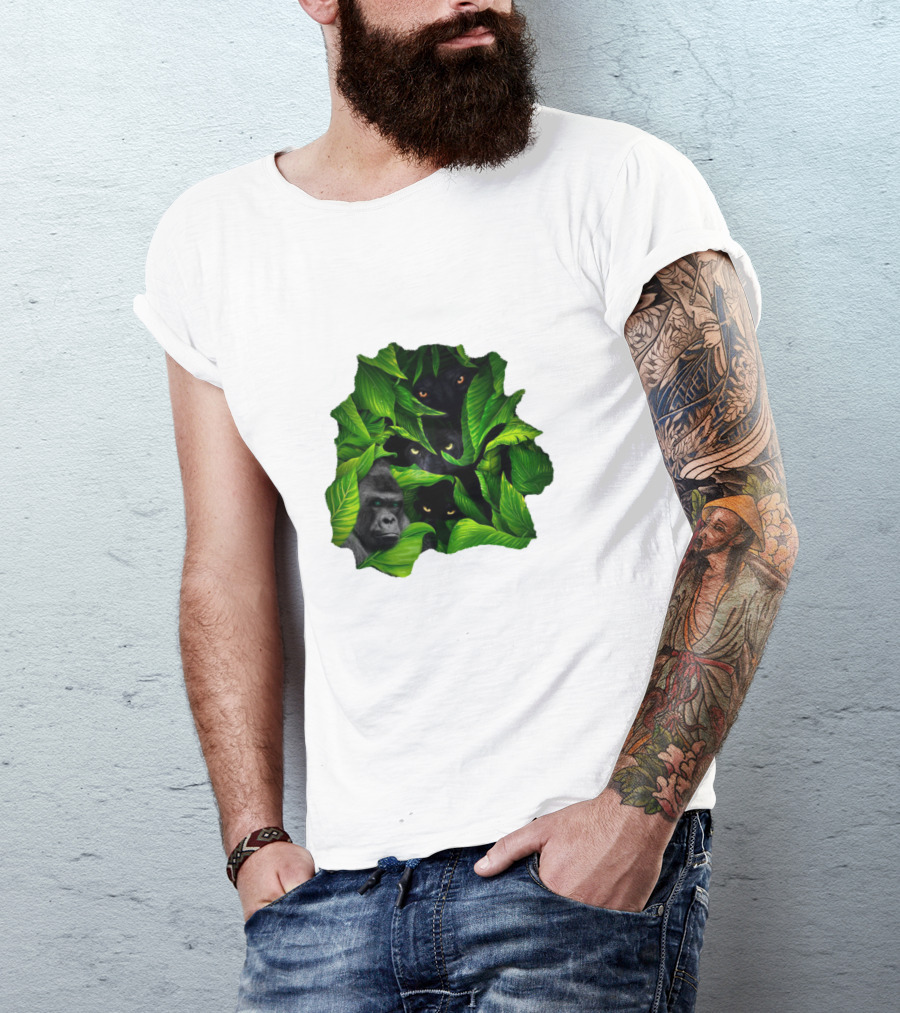 Jungle Eyes Gorilla And Panther Hidden In Leaves T-Shirt