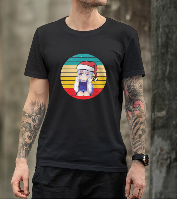 Kafuu Chino Anime Christmas Santa Hat Retro Stripes T-Shirt