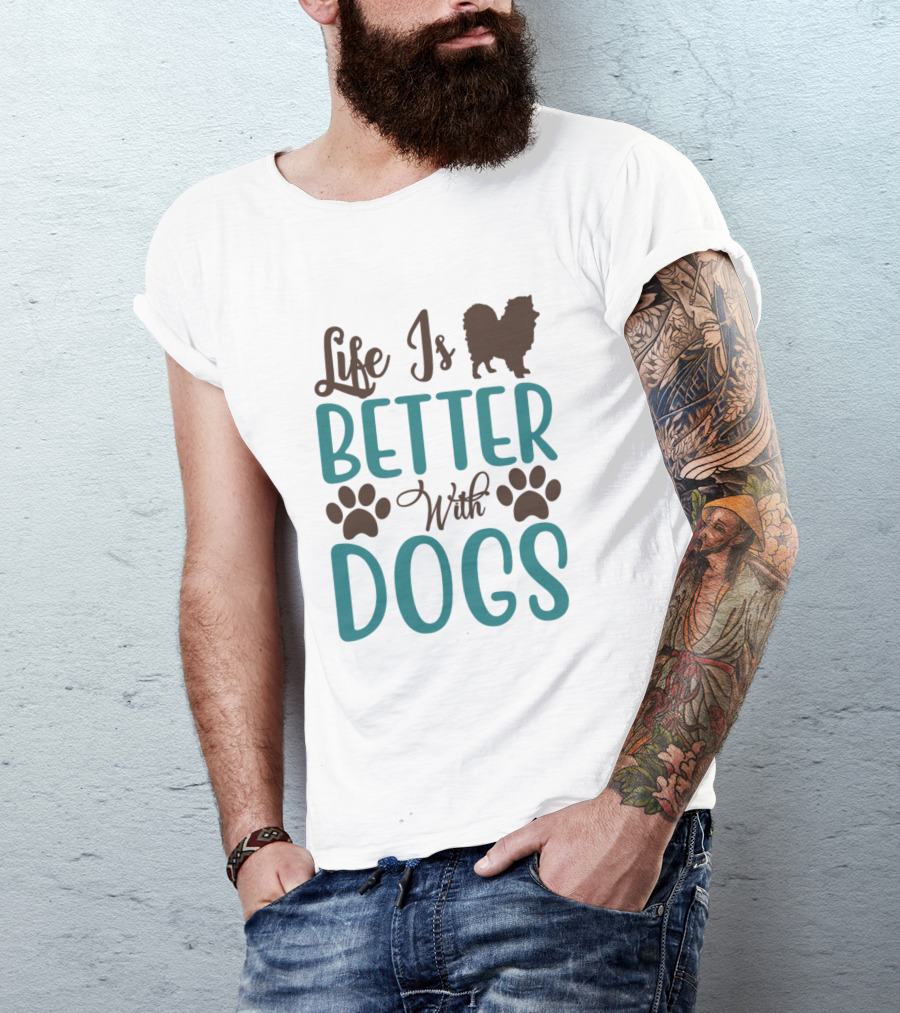 Life Is Better With Dogs Pomeranian Paw Prints T-Shirt