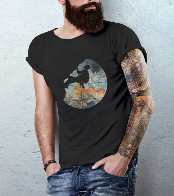 Mountain Climbing Hiking Silhouette On Abstract Cosmic Landscape T-Shirt