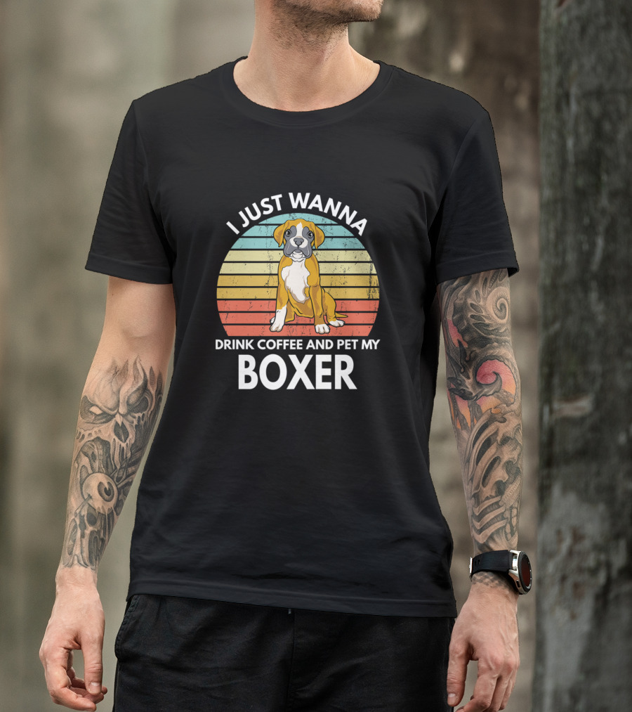 I Just Wanna Drink Coffee And Pet My Boxer Retro Circle Stripes T-Shirt