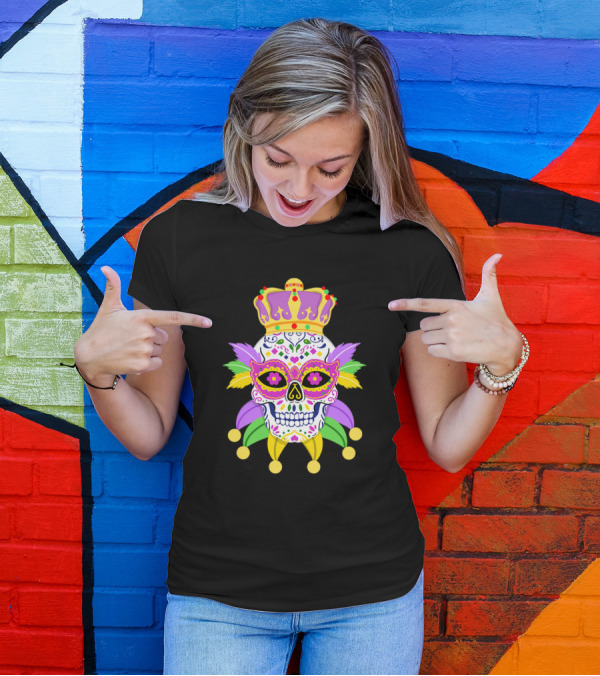 Mardi Gras Sugar Skull With Crown And Jester Elements T-Shirt
