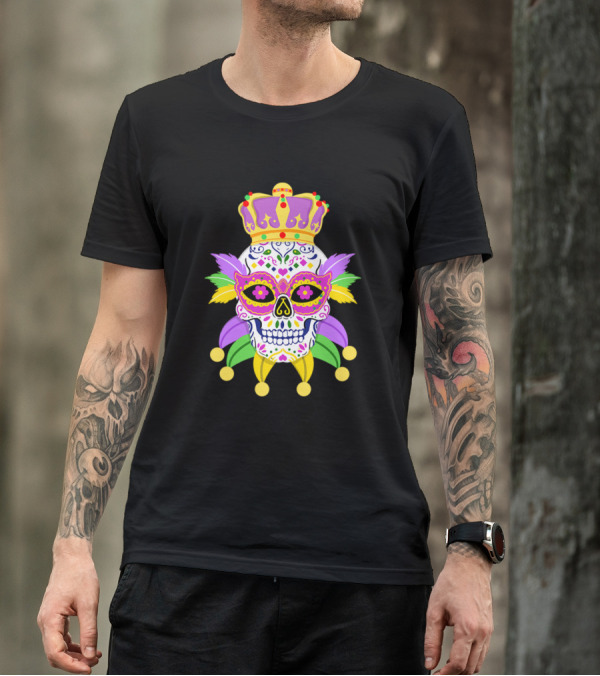 Mardi Gras Sugar Skull With Crown And Jester Elements T-Shirt