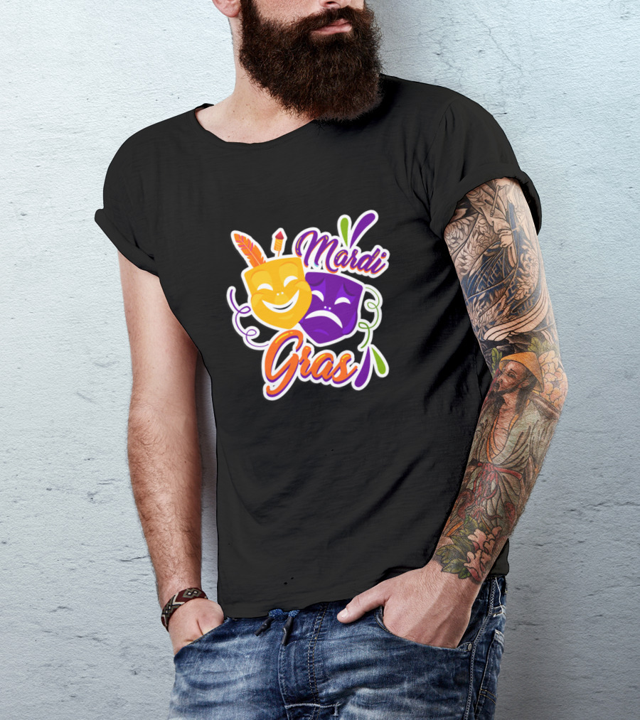 Mardi Gras Colorful Comedy And Tragedy Masks With Feathers T-Shirt