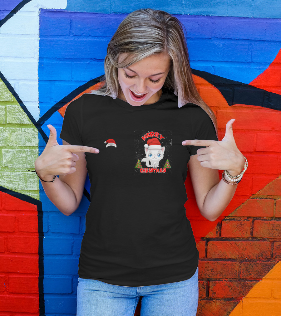 Merry Christmas Cute Cat Santa Hat Holiday Trees T-Shirt