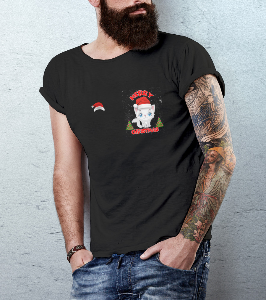 Merry Christmas Cute Cat Santa Hat Holiday Trees T-Shirt