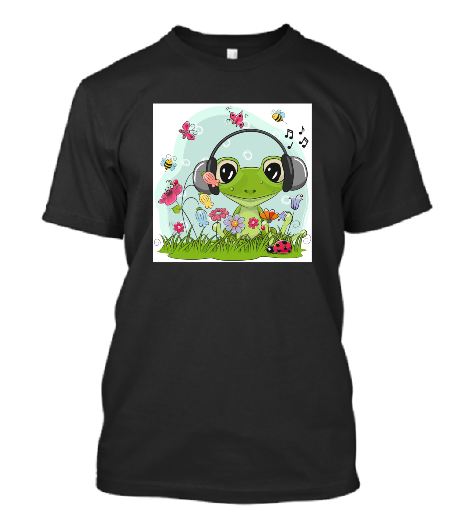 Frog Listening To Music With Headphones In Flower Garden With Butterflies And Ladybug T-Shirt