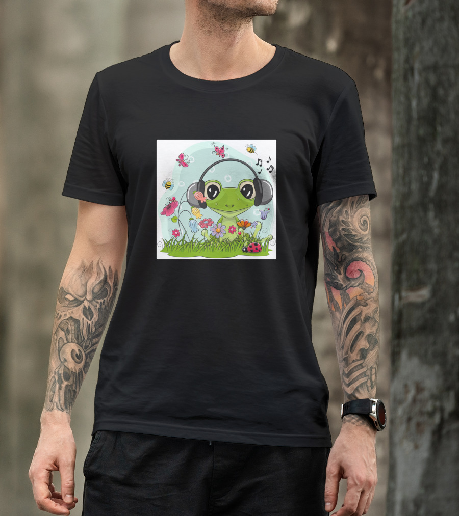 Frog Listening To Music With Headphones In Flower Garden With Butterflies And Ladybug T-Shirt