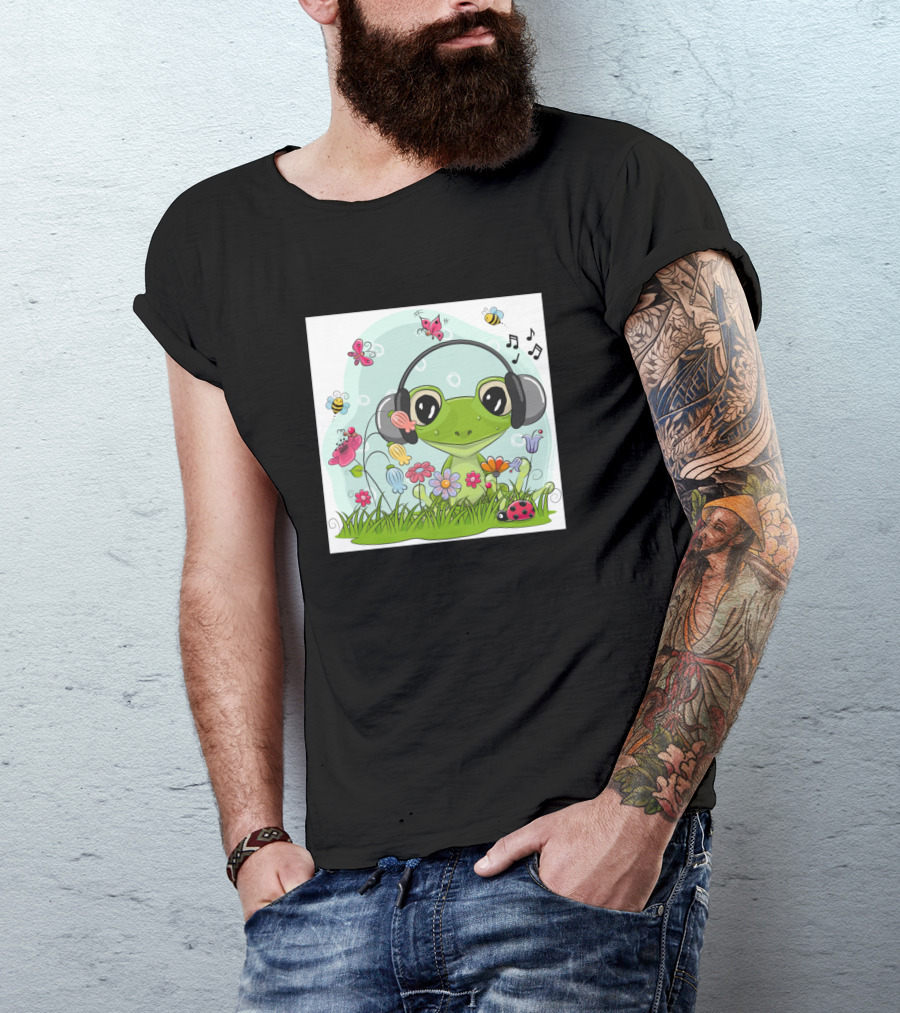 Frog Listening To Music With Headphones In Flower Garden With Butterflies And Ladybug T-Shirt