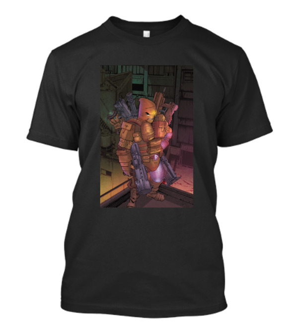 Pouches Armored Character In Dark Urban Setting With Weapons T-Shirt