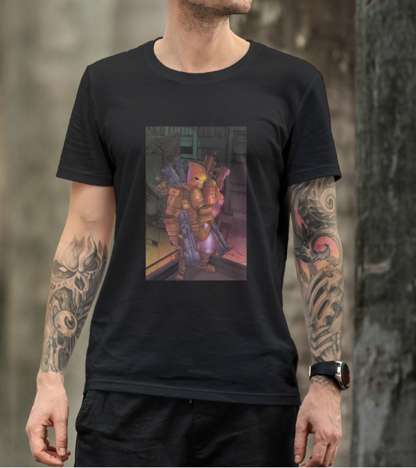 Pouches Armored Character In Dark Urban Setting With Weapons T-Shirt