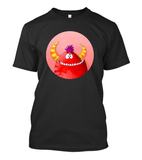 Red Monster Cartoon With Striped Horns And Purple Hair T-Shirt