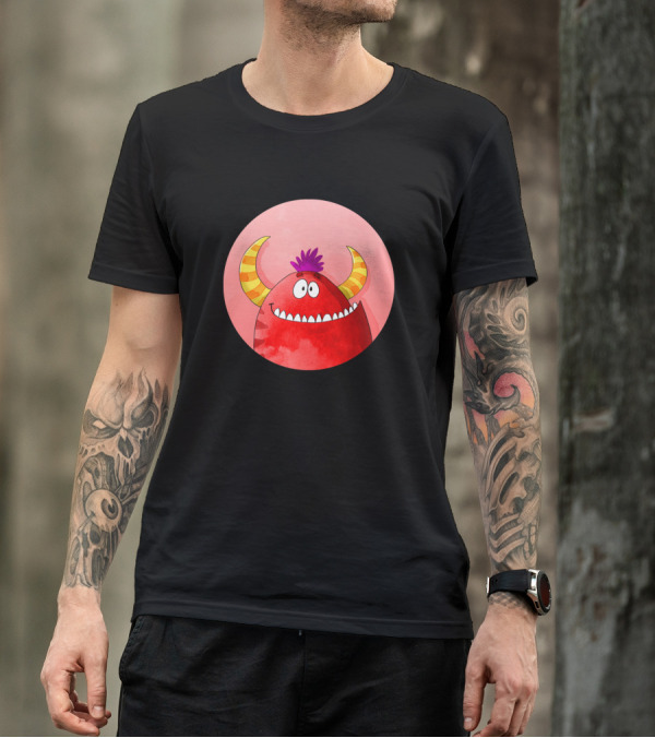 Red Monster Cartoon With Striped Horns And Purple Hair T-Shirt