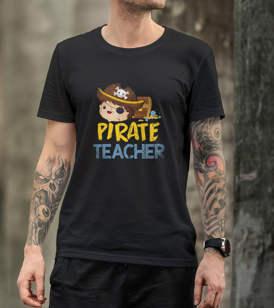 Retro Pirate Teacher Treasure Chest Eyepatch Hat T-Shirt