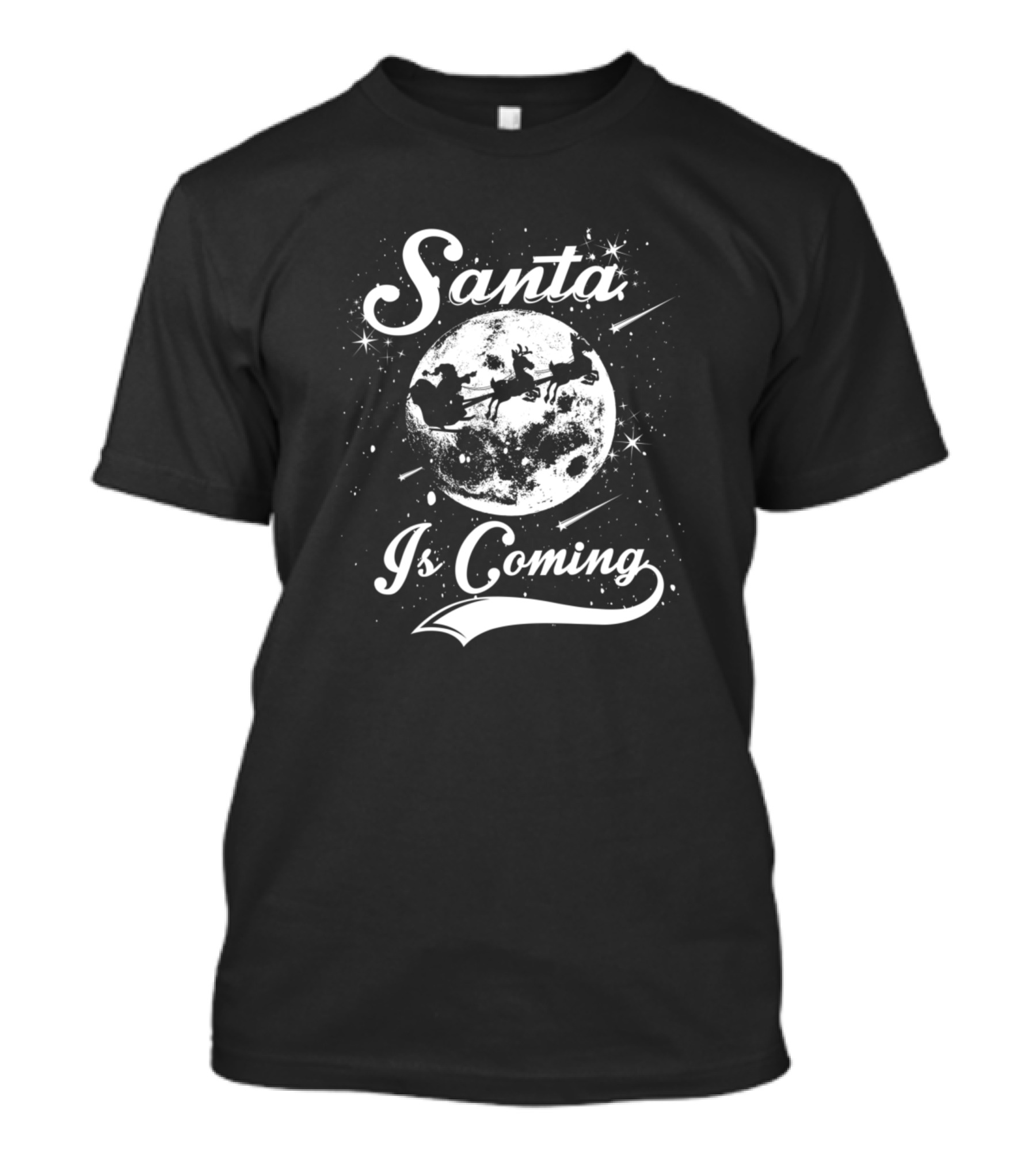 Santa Is Coming Silhouette In Front Of Moon With Reindeer And Stars T-Shirt