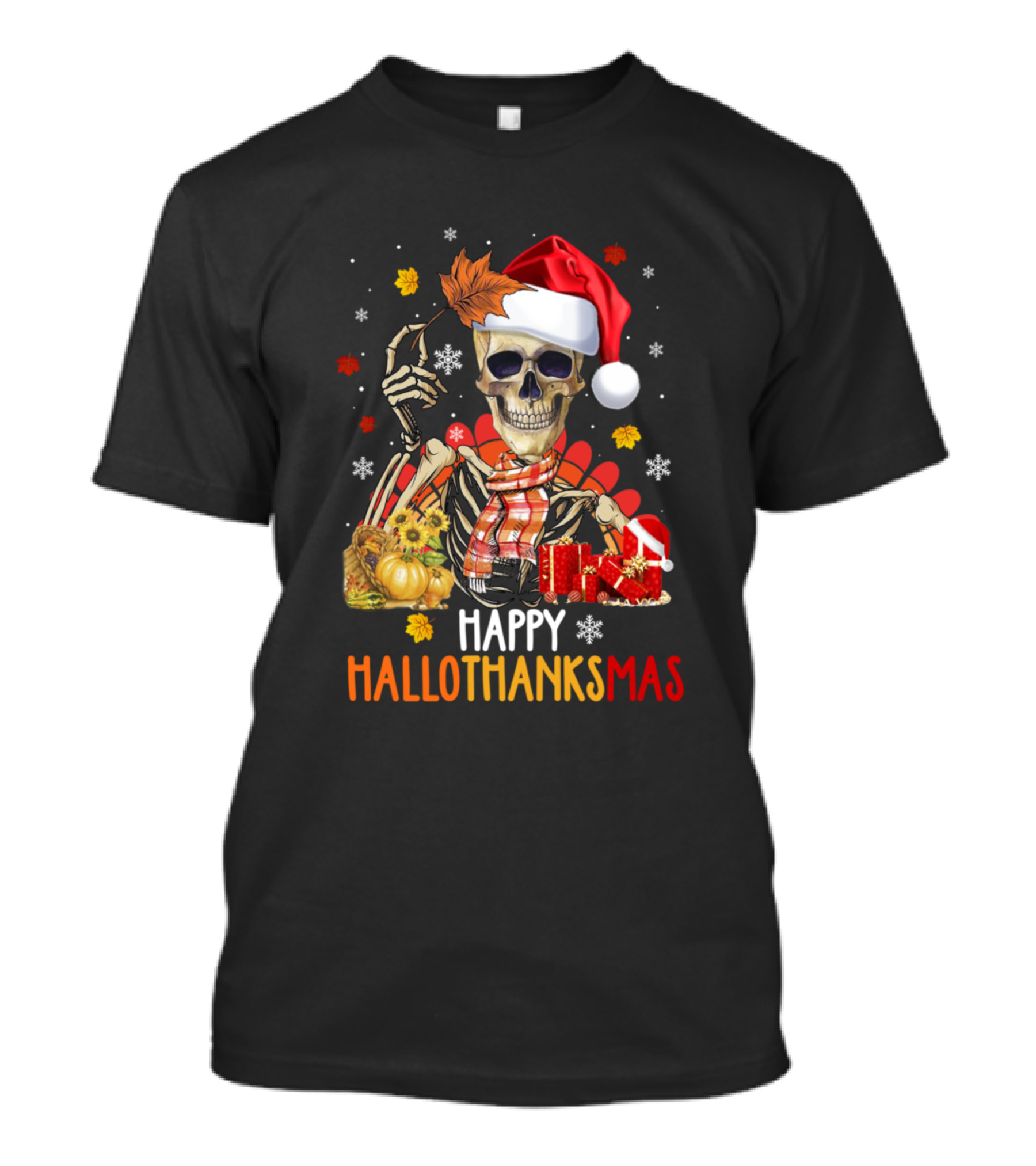 Happy Hallothanksmas Skull Pumpkin Fall Santa Hat T-Shirt