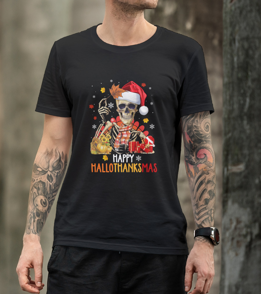 Happy Hallothanksmas Skull Pumpkin Fall Santa Hat T-Shirt